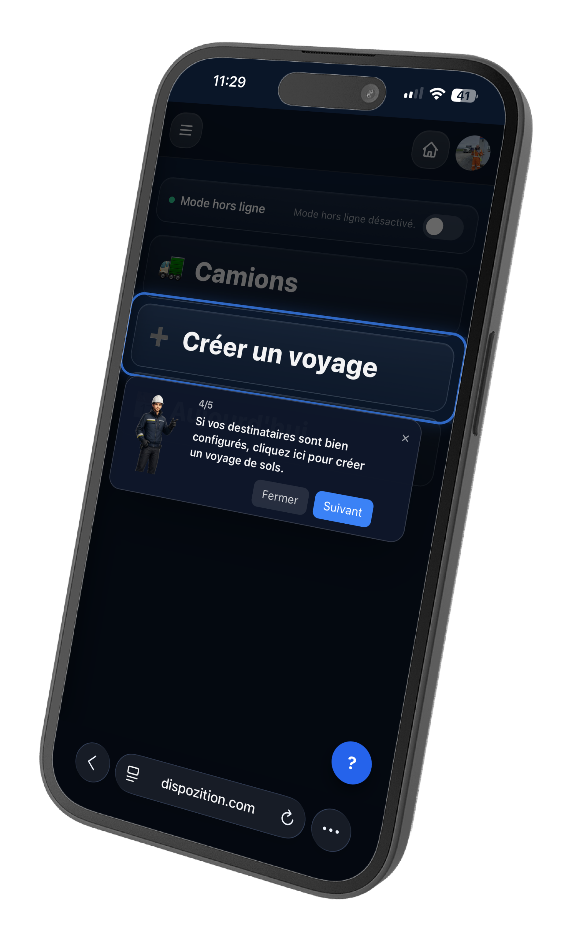 Écran Dispozition — bouton Créer un voyage